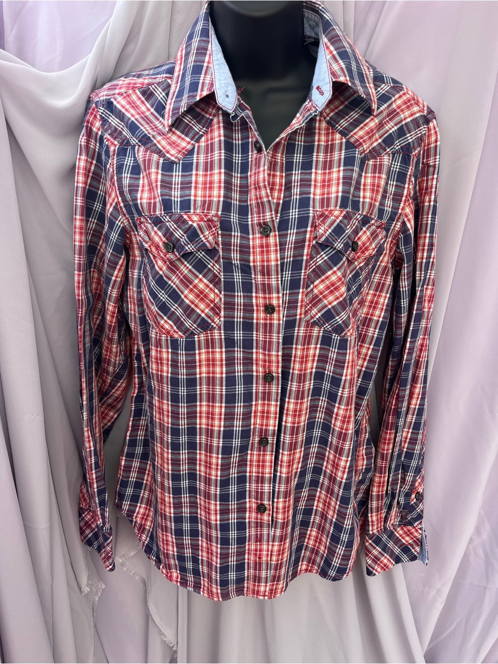 Classic Red & Blue Plaid Button-Down Shirt - Women's